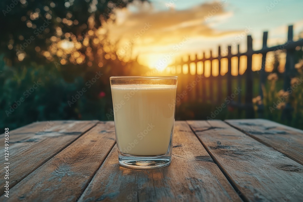 Fresh Glass of Milk on Rustic Wooden Table Against Sunset Background in a Serene Setting Fresh Glass of Milk on Rustic Wooden Table Against Sunset Background in a Serene Setting