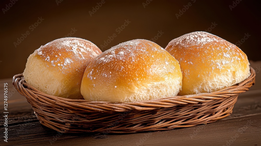 Freshly Baked Rolls in a Rustic Basket with Powdered Sugar Dusting for Culinary Delight Freshly Baked Rolls in a Rustic Basket with Powdered Sugar Dusting for Culinary Delight