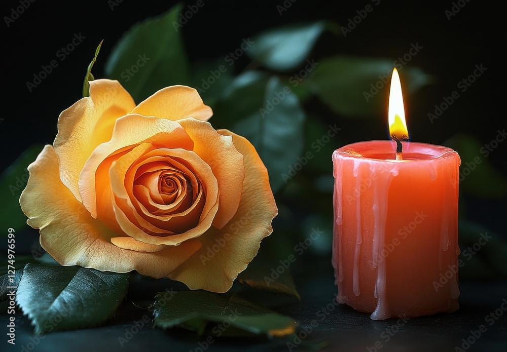 Fototapeta premium Beautiful orange rose beside a glowing candle on dark background, symbolizing love, warmth, and tranquility in a serene and romantic ambiance