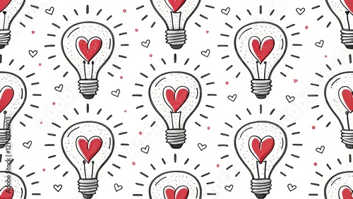 Seamless Hand-Drawn Light Bulb and Heart Pattern on White Background