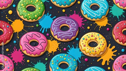Colorful Seamless Pattern of Glazed Donuts with Sprinkles on Dark Background