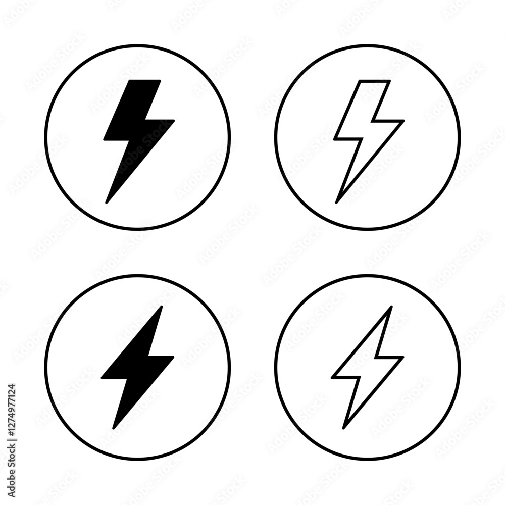 Lightning, electric icon set on circle line. Thunder bolt, power, energy sign symbol Lightning, electric icon set on circle line. Thunder bolt, power, energy sign symbol