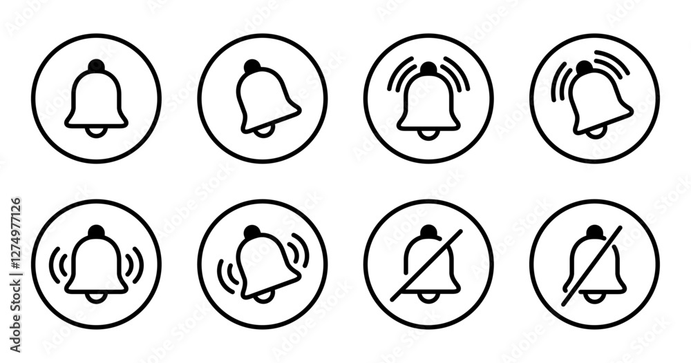 Notification bell outline icon set collection on circle line. Notify, reminder sign symbol Notification bell outline icon set collection on circle line. Notify, reminder sign symbol