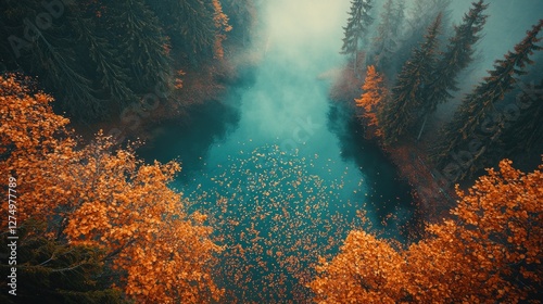 Autumnal lake nestled within a misty forest