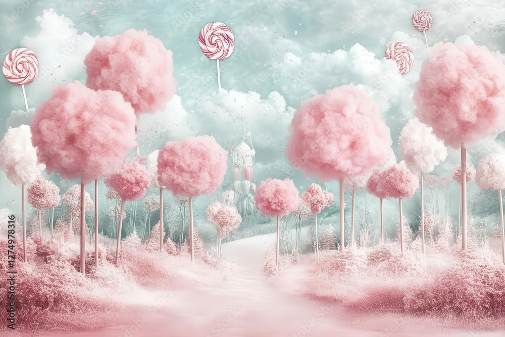 whimsical candy wonderland illustration with cotton candy clouds and lollipop trees in soft pastel colors
