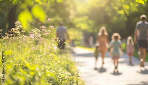 A family walks away on a sunny park path