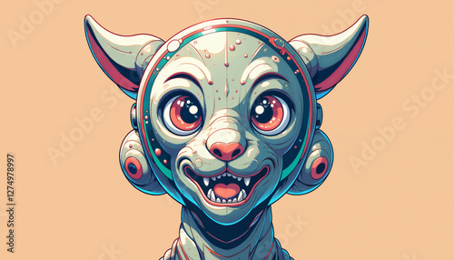 Adorable Futuristic Cat Robot Illustration Cartoon Style Big Eyes Space Suit Design