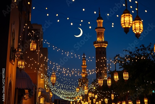 A Festive Ramadan Cityscape at Night with Illuminated Buildings. photo