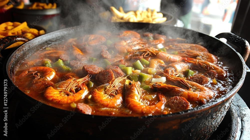 Delicious Steaming Seafood Gumbo in a Cast Iron Pot Delicious Steaming Seafood Gumbo in a Cast Iron Pot