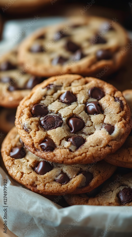 Delicious chocolate chip cookies stacked on parchment paper. Delicious chocolate chip cookies stacked on parchment paper.