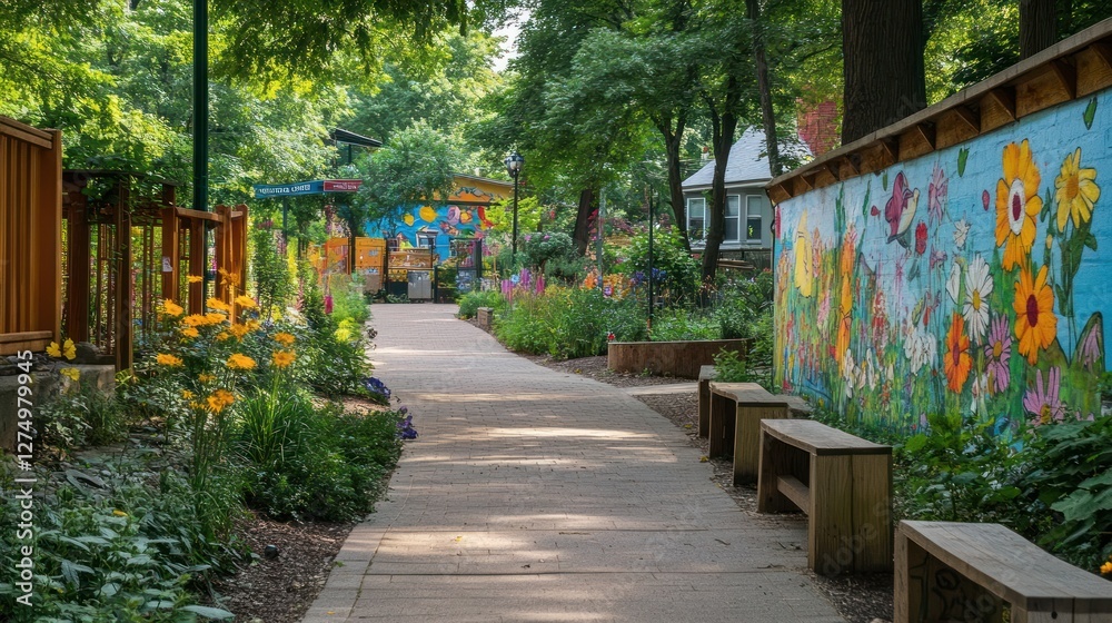 Vibrant Garden Pathway with Colorful Mural Vibrant Garden Pathway with Colorful Mural