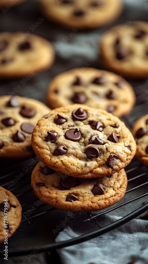 Delicious chocolate chip cookies stacked on a wire rack, warm and inviting. Delicious chocolate chip cookies stacked on a wire rack, warm and inviting.