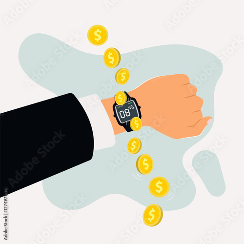 Hand using digital watch with money. Time is money concept illustration