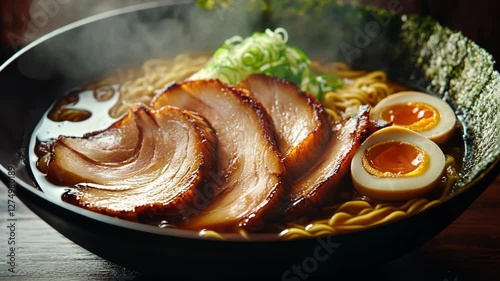 Steaming ramen with pork, egg, and seaweed in bowl on table