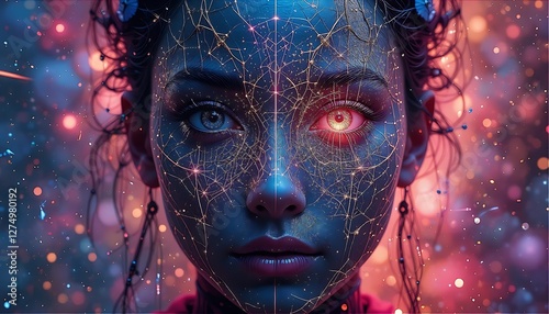 a woman with a face full of lines and dots on her face and eyes, with a red glowing eye, space art, behance hd, cyberpunk art