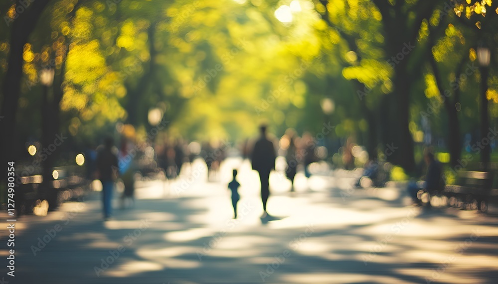 Fototapeta premium Blurry figures walk down a tree lined path in sunlight