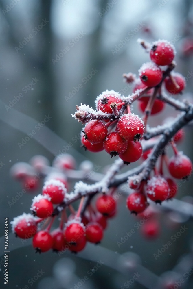 Red berries on Ilex aquifolium branches in a frosty garden, branch, garden Red berries on Ilex aquifolium branches in a frosty garden, branch, garden