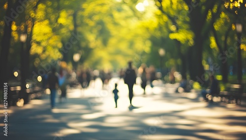 Blurry figures walk down a tree lined path in sunlight