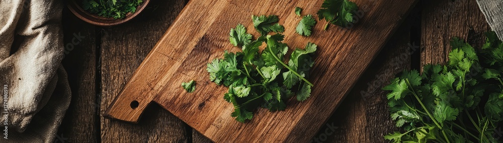 Top-down view of a wooden cutting board in a cozy kitchen, freshly cut cilantro scattered around, surrounded by other herbs, softly illuminated Top-down view of a wooden cutting board in a cozy kitchen, freshly cut cilantro scattered around, surrounded by other herbs, softly illuminated