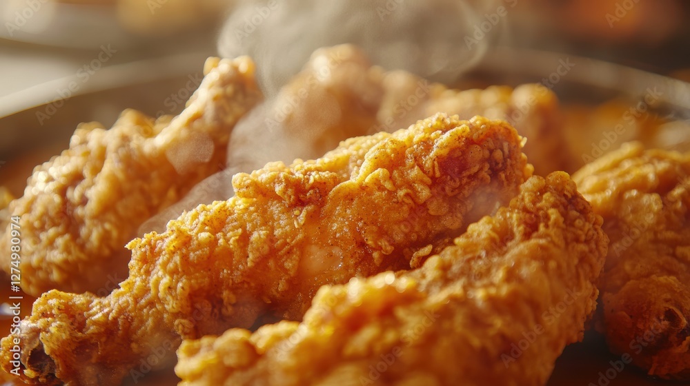 Crispy Chicken Feast: A close-up of a tantalizing plate of golden, crispy fried chicken, steaming and ready to be enjoyed. Crispy Chicken Feast: A close-up of a tantalizing plate of golden, crispy fried chicken, steaming and ready to be enjoyed.