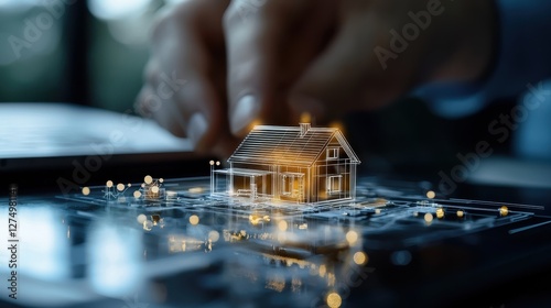 A hand interacts with a digital model of a house, symbolizing innovation in real estate and smart home technology.