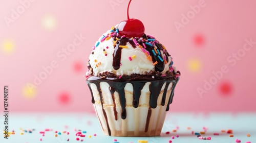 Sweet Treat Fantasy: Indulge in a whimsical ice cream sundae cupcake, a delightful creation adorned with a vibrant cherry on top, a symphony of chocolate drizzle.