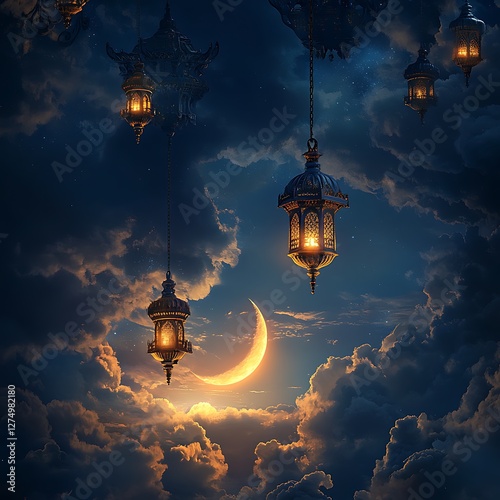 A Mystical Ramadan Sky with Layered Clouds Glowing with Twilight Hues. photo