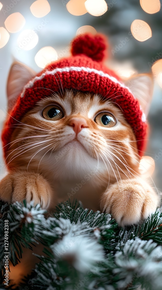 Obraz premium Adorable orange tabby cat in a red winter hat resting on snowy pine branches.