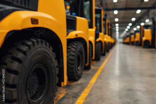 A row of yellow trucks are parked in a warehouse