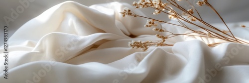 Delicate dried flowers lying on soft, flowing fabric. Simple beauty