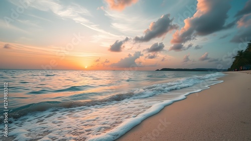 Closeup sea sand beach. Panoramic beach landscape. Inspire tropical beach seascape horizon. Orange and golden sunset sky calmness tranquil relaxing sunlight summer mood. Vacation travel holiday banner