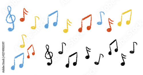 Chalk Textured Music Notes Set. Musical Note Sign Treble Clef. Kids pencil textured symbols. Freehand pastel childish hand drawn. School paintbrush doodle collection. Vector illustration isolated
