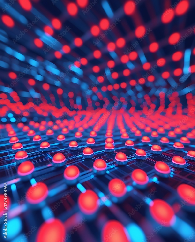 Obraz premium Vibrant red and blue glowing digital grid with futuristic dots, emphasizing advanced connectivity, modern technology, and high-tech innovation in a cyber environment