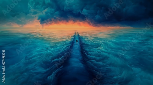 A solitary figure walks along a surreal ocean path under dramatic clouds at sunset