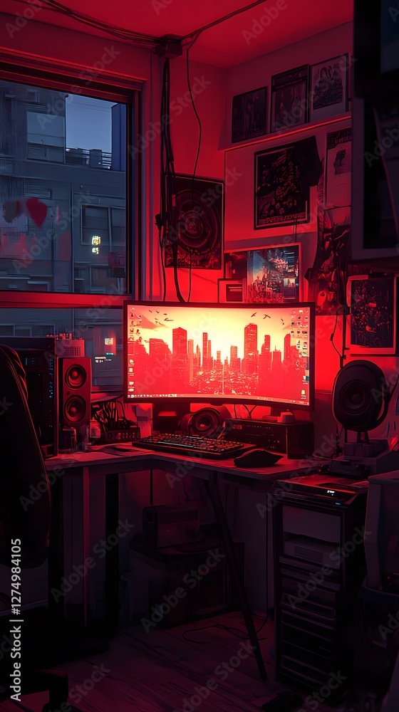 A vibrant, red-lit gaming setup in a cozy room featuring a large monitor and posters. A vibrant, red-lit gaming setup in a cozy room featuring a large monitor and posters.