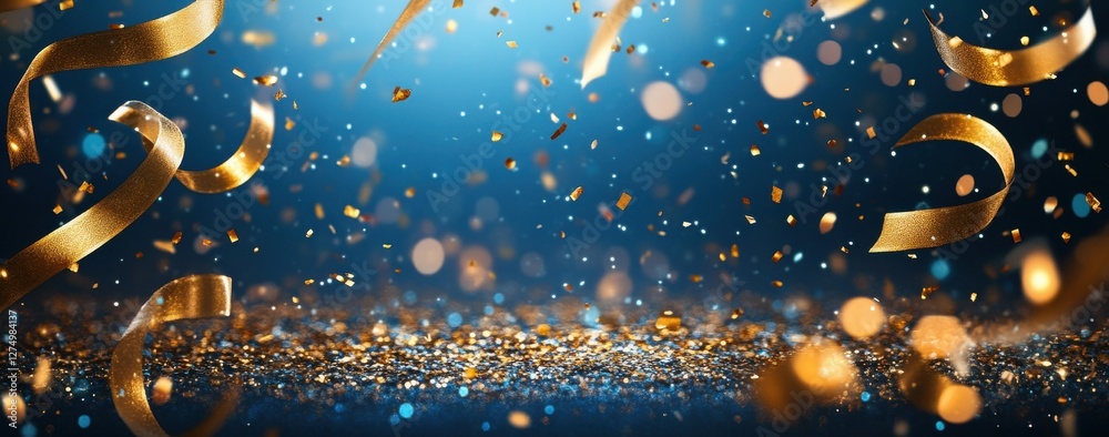 Naklejka premium Colorful Celebration Background with Golden Confetti and Streamers Falling onto a Glittering Surface Under a Blue and Gold Light Effect