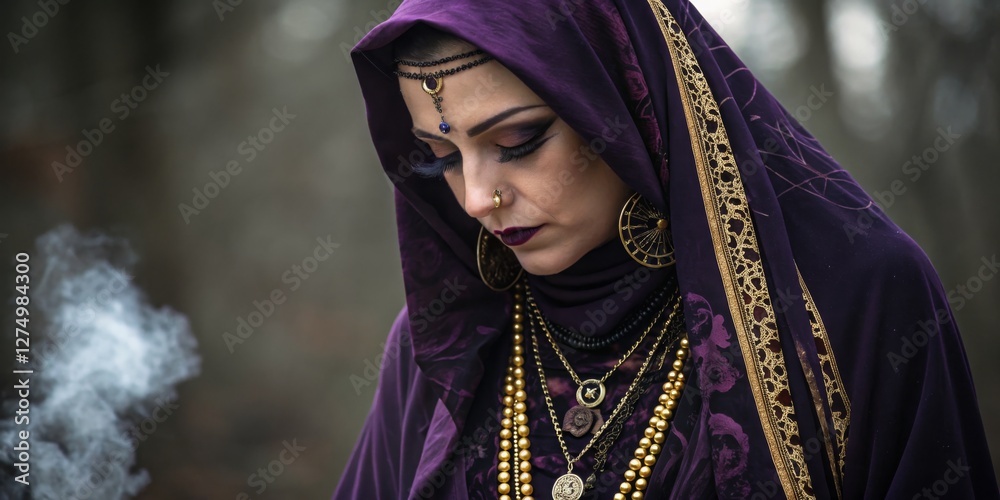 Mysterious woman in purple attire immerses in spirituality amidst a misty forest setting