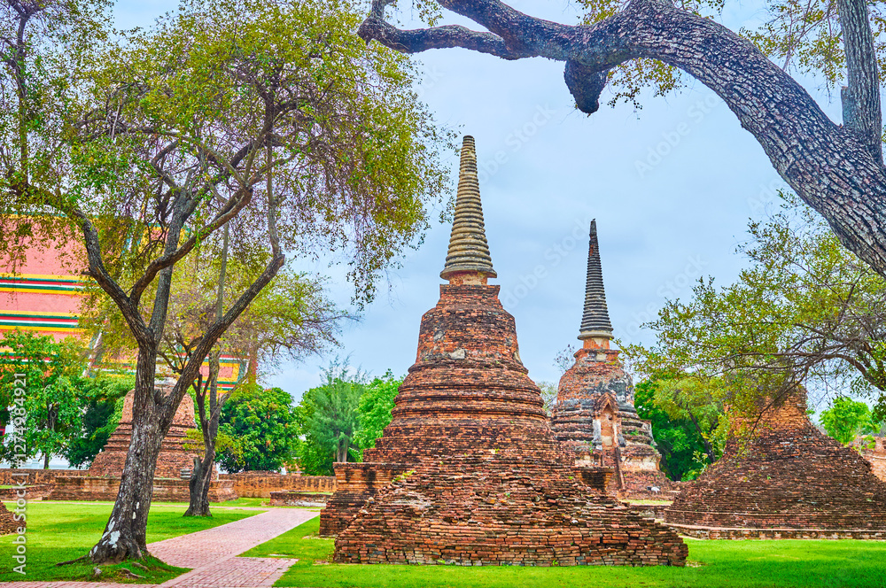 The ruins of ancient shrines in Wat Phra Si Sanphet complex, Ayutthaya, Thailand