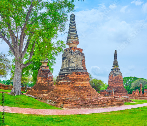 The green park with ruins of Wat Phra Si Sanphet, Ayutthaya, Thailand