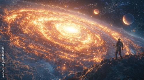 Cosmic Majesty: A Lone Figure Contemplates a Fiery Galaxy