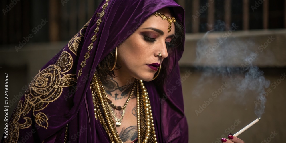 Woman in purple attire with intricate jewelry smokes thoughtfully in urban setting during the evening