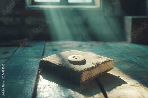 Retro buttons and old books in the sunshine