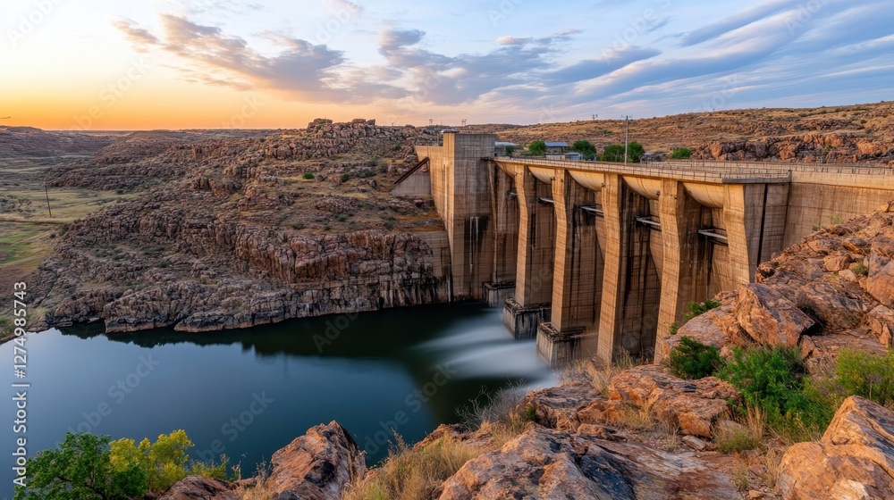 Serene Landscape of a Dam Against Sunset with Calm Waters and Rocky Terrain Serene Landscape of a Dam Against Sunset with Calm Waters and Rocky Terrain