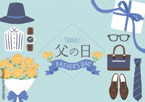 父の日の黄色い花とプレゼントのイラスト　広告デザイン