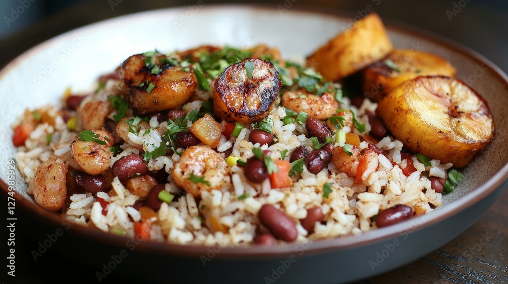 A colorful plate of rice, beans, shrimp, and grilled plantains garnished with herbs. A colorful plate of rice, beans, shrimp, and grilled plantains garnished with herbs.