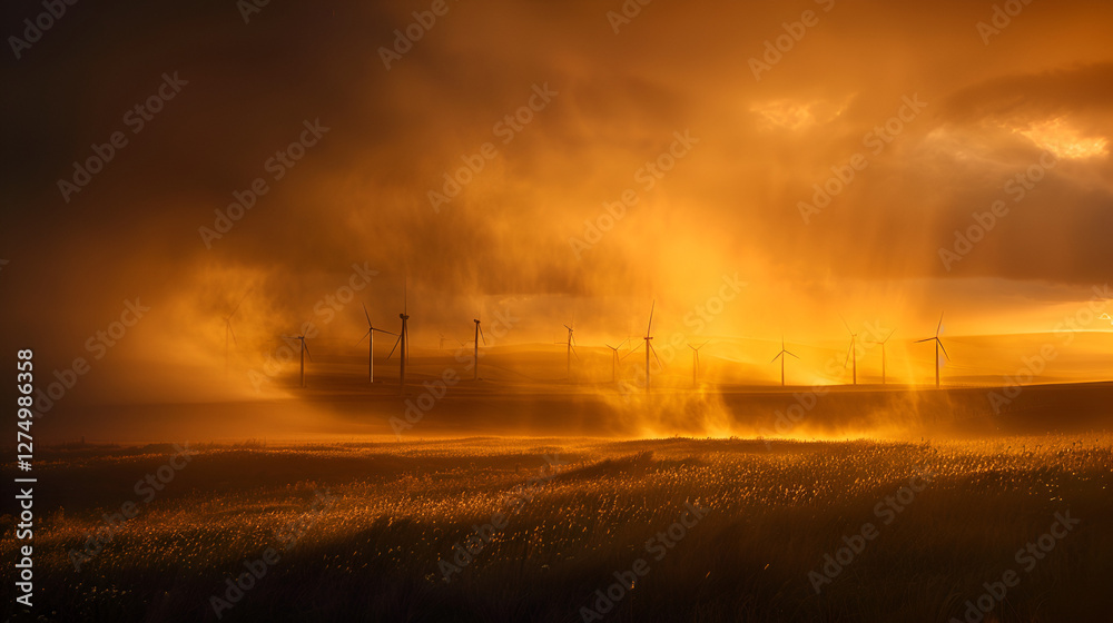 Obraz premium Wind turbines in a golden sunset landscape | Renewable energy wind farm during a dramatic sunset 