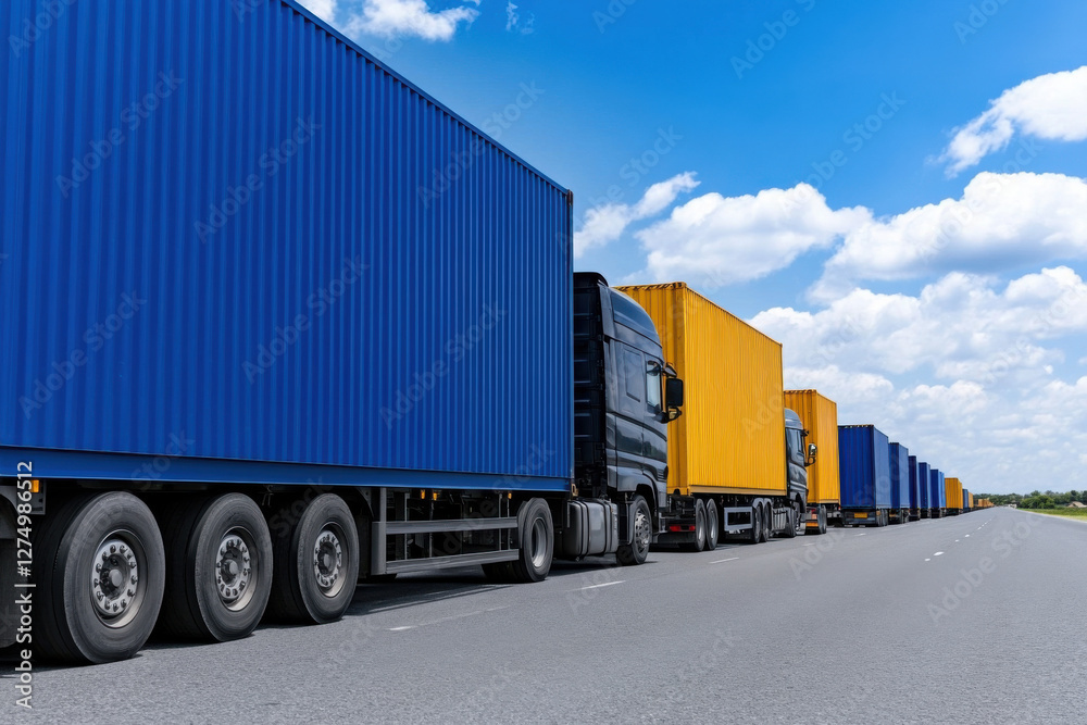 A line of blue and yellow trucks are parked on a road A line of blue and yellow trucks are parked on a road