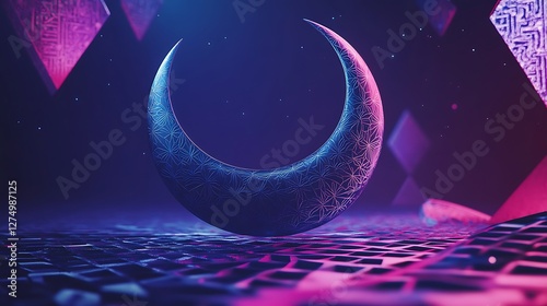 An Abstract Ramadan Background with a Floating Crescent Moon. photo