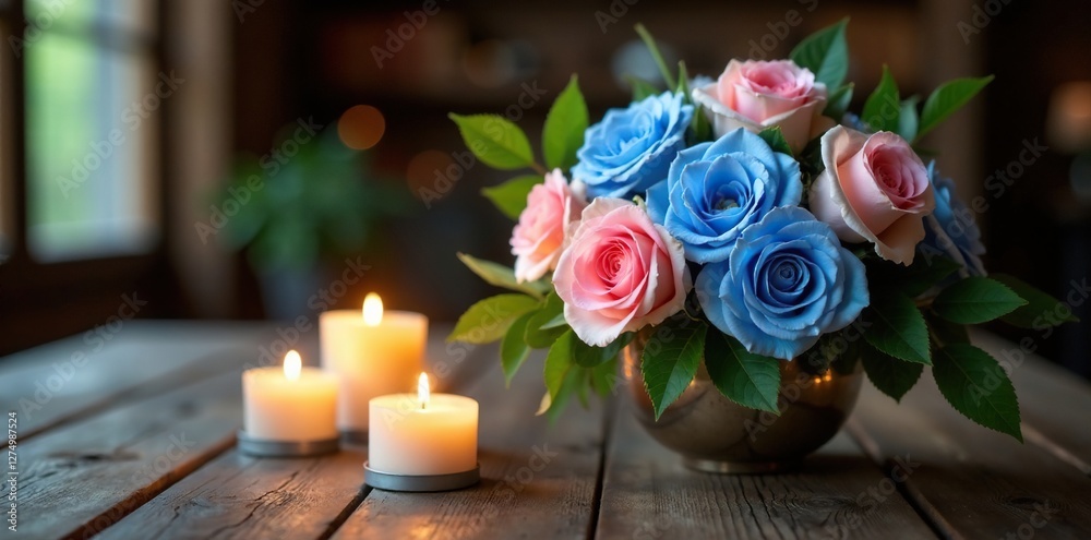 Obraz premium Blue and pink roses on a rustic wooden table with candles, candlelight, centerpiece, rustic