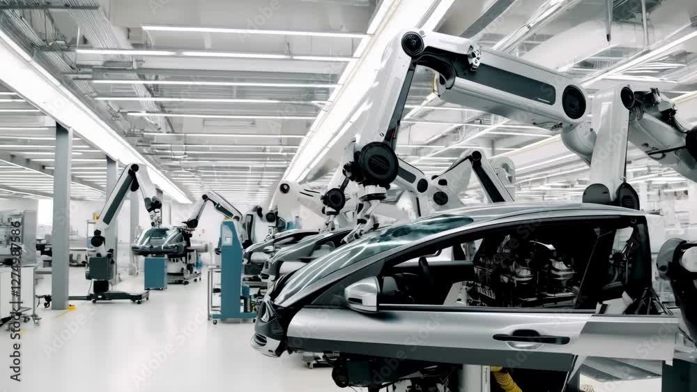 Robotic arms precisely welding and assembling vehicle bodies inside high tech automotive manufacturing facility, demonstrating advanced industrial automation and cutting edge robotic technology
